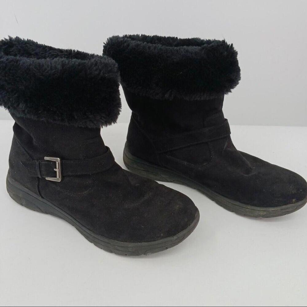 St Johns Bay Women Boot 9.5 Black Snow Boot Comfort Buckle Flat Ankle